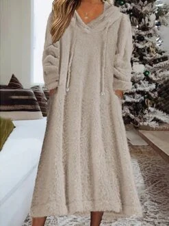 Casual Plain Winter Loose Drawstring Fluff/Granular Fleece Fabric Hoodie Dress -Women's Fashion Store e58bed4cf9f5f35ac8f60b40e6360354