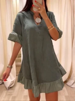 Casual Loose Notched Cotton Dress With No