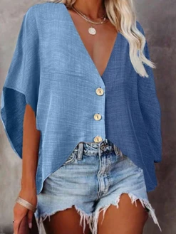 Casual V Neck Color Block Loose Shirt
