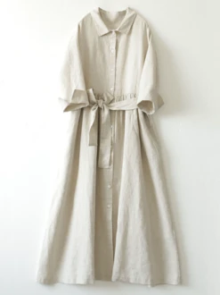 Simple Plain Shirt Collar Dress With Belt