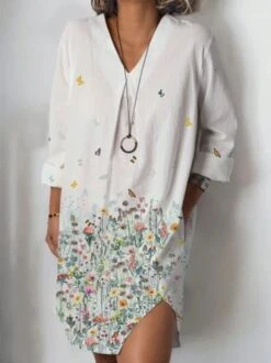 Loose Floral Notched Vacation Dress With No