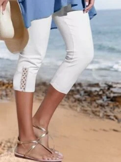 Plain Color Patterned Elastic Waist Lace High Elastic Pants Capri Leggings