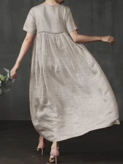 Women Solid Short Sleeve Crew Neck Shift Corduroy Dress