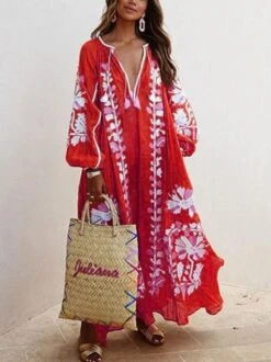 Women Printed Boho Casual Dress V Neck Holiday Maxi Dress