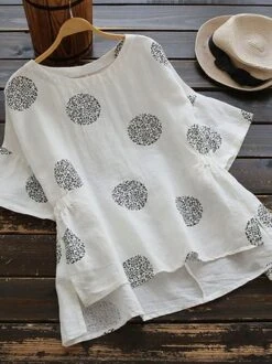 Women Polka Dots Short Sleeve O-neck Vintage Shirt